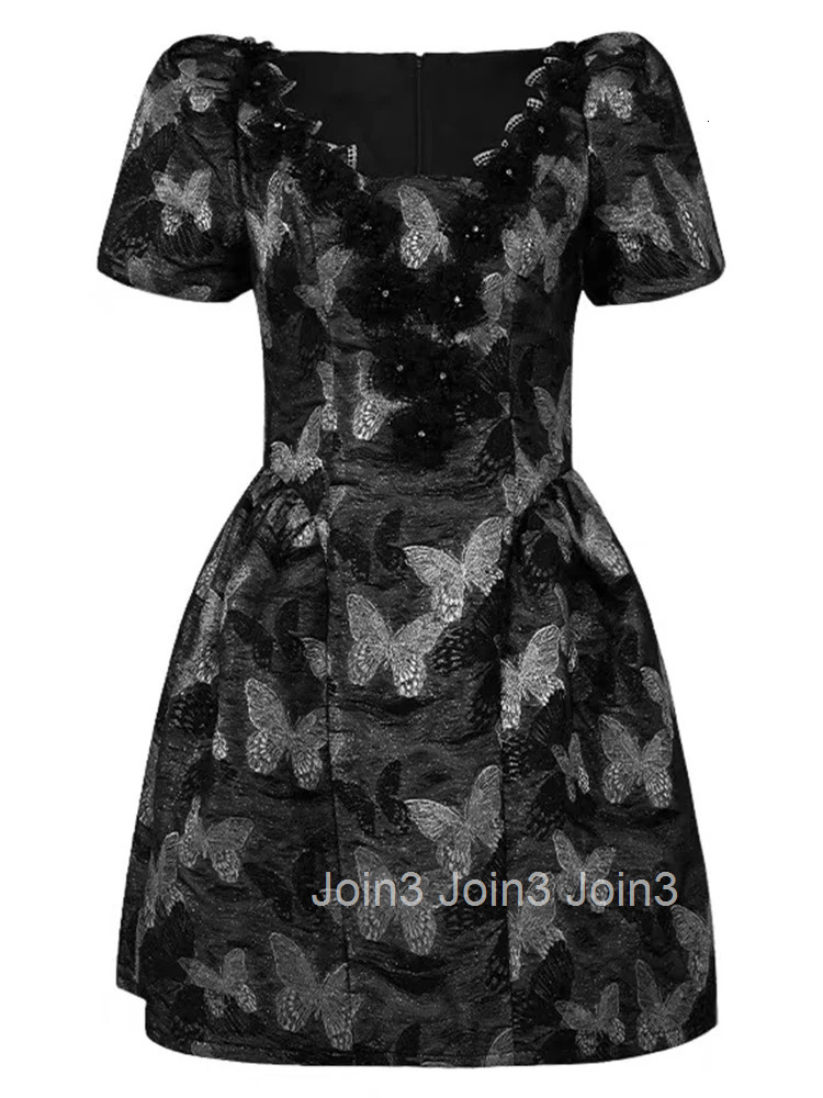 Summer Butterfly Print Black Gown Evening Dress Women Clothes Elegant Retro Puff Sleeve A-Line Short Party Prom Vestidos Fiesta