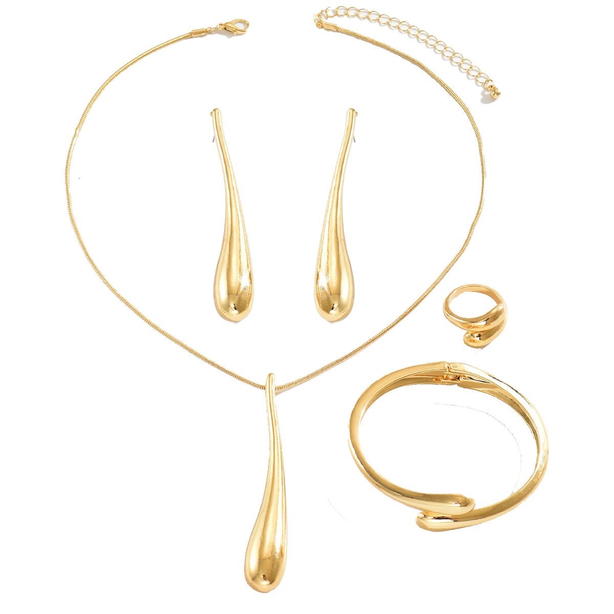 Women's Jewelry Necklace Set Water Drop Design Smooth Bracelet Ring High-end Earrings for Women