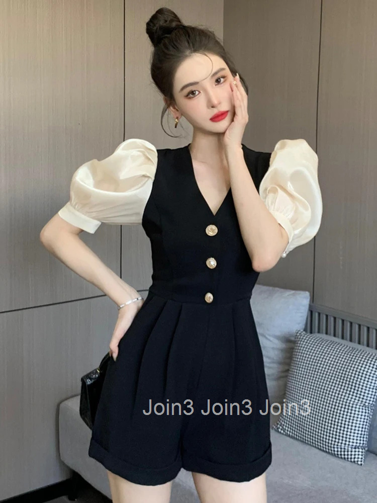 Korean Women One Piece Jumpsuit Casual Vintage V-Neck Puff Sleeve Lady Mujer High Waist Folds Slim Shorts Romper Playsuit Summer