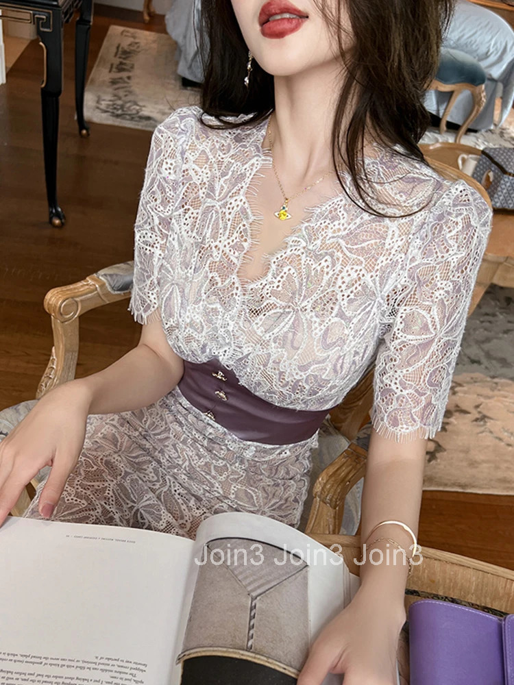 New Summer Elegant Women Evening Dress Temperament Lace Sheer Sexy V-Neck Corset Slim Midi Party Club Prom Femme Mujer Vestidos