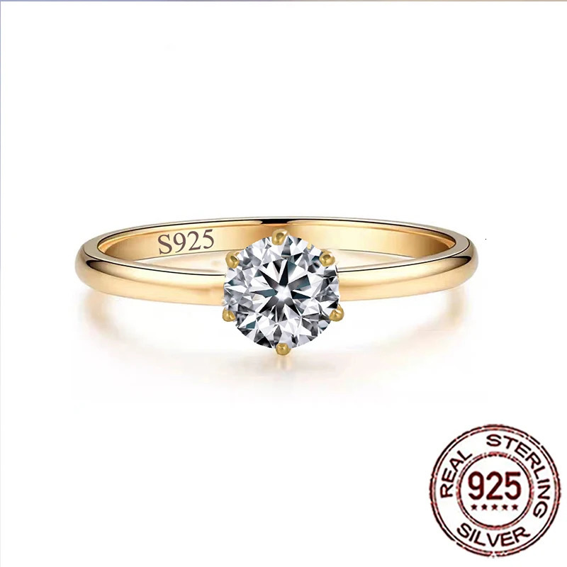 QooLady 925 Sterling Silver Shiny Round Cubic Zircon Gold Color Ring for Women Bridal Engagement Wedding Band Jewelry Gift SR053 250617