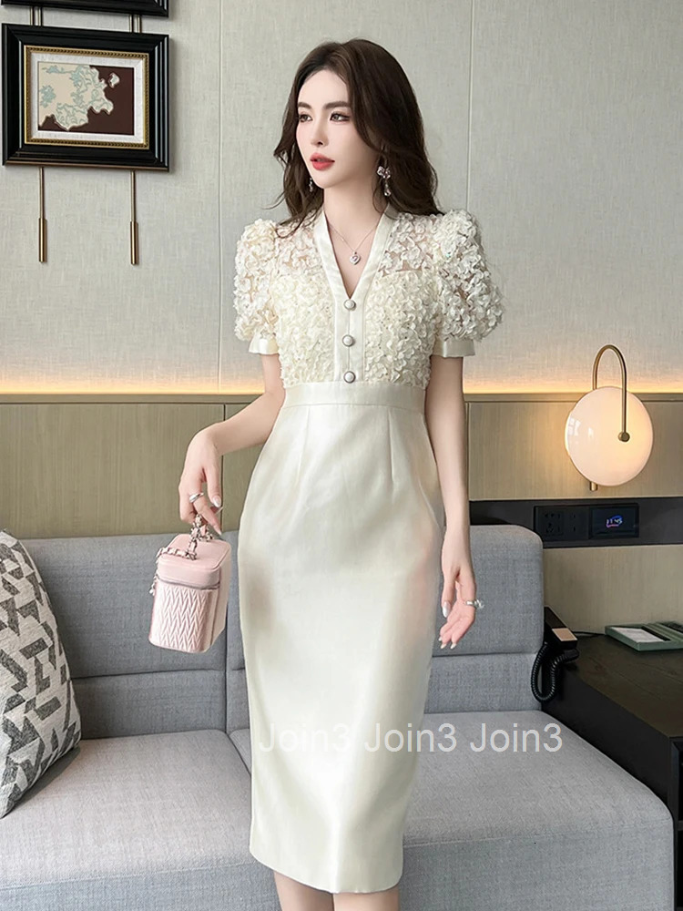 Summer Fake 2 Pieces Elegant Office Formal Occasion Pencil Dress Women Clothes Commute Puff Sleeve Slim High Waist Midi Vestidos