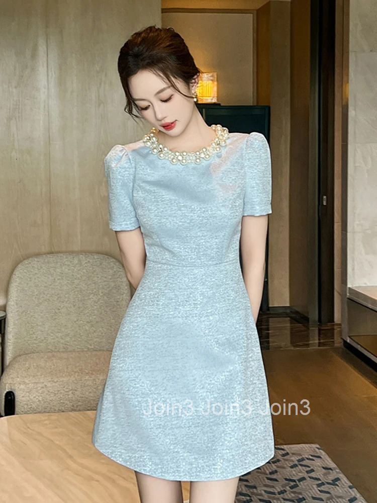 Summer Fashion Formal Occasion Evening Dress Women Elegant Luxury Pearl O-Neck Slim A-Line Short Party Vestidos Street Clothes