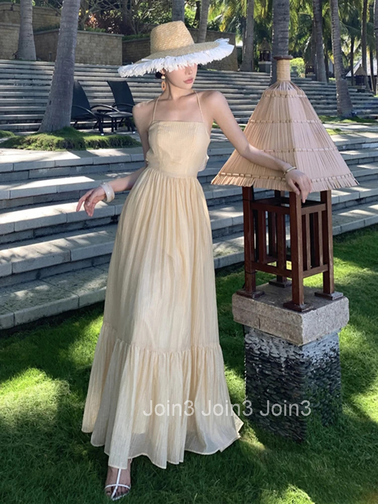 Women Vacation Clothes Sweet Sexy Sling Backless Slim A-Line Maxi Long Dress Elegant Fashion Party Prom Vestidos Robe Beach New
