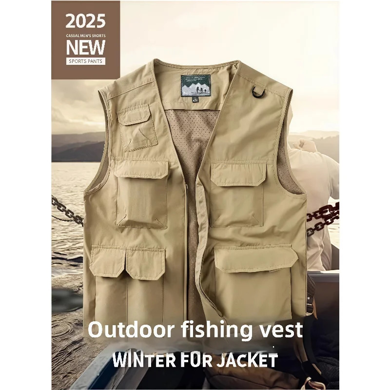 Spring and Summer Mens Casual Vest Lightweight Breathable Multi Pocket Workwear Sleeveless Jacket Outdoor Fishing Camping Vest 250617