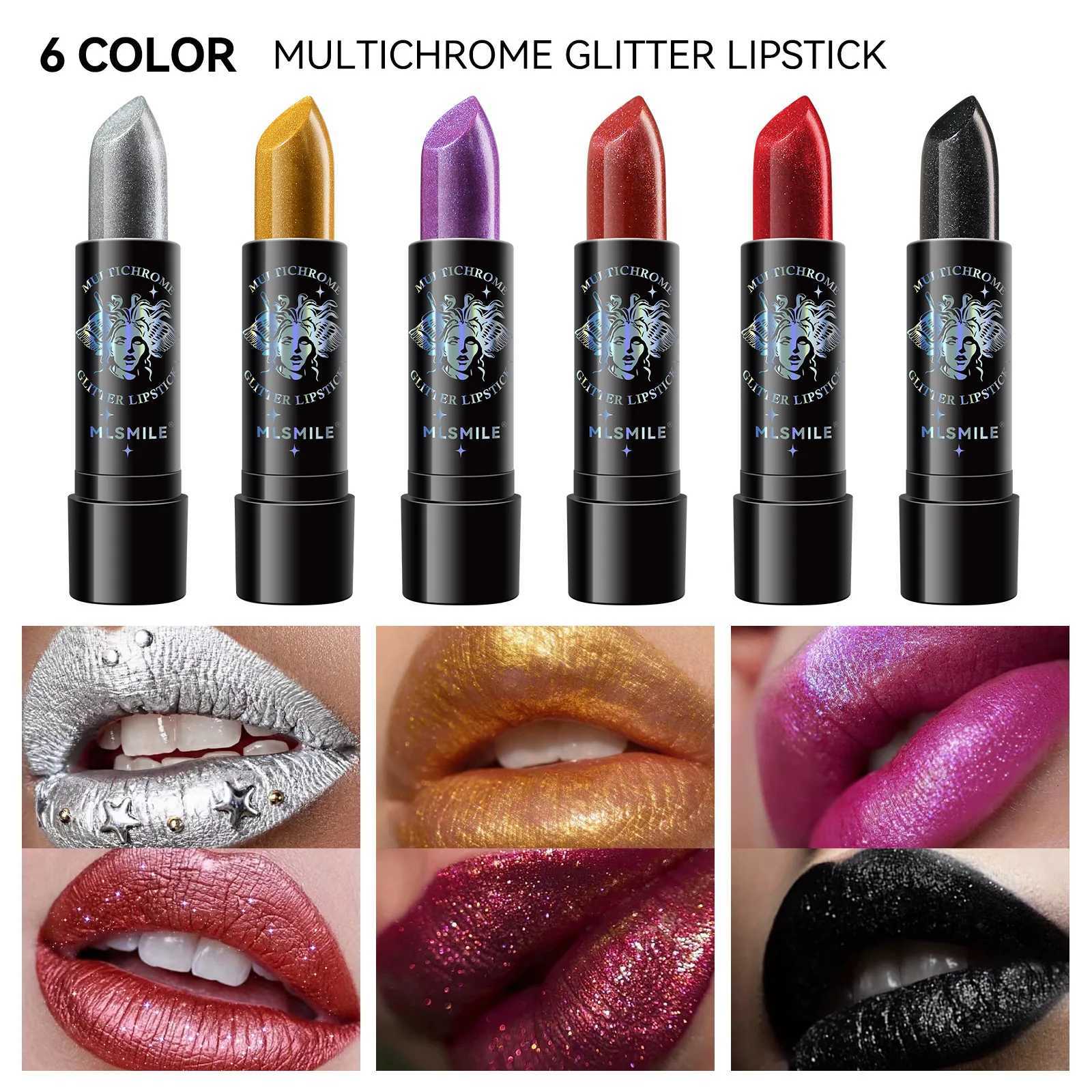 6Colors Glitter Lipstick Waterproof Long Lasting Diamond Pearlescent Metallic Lipstick Black Lipgloss Women Lips Makeup Cosmetic XJ250623