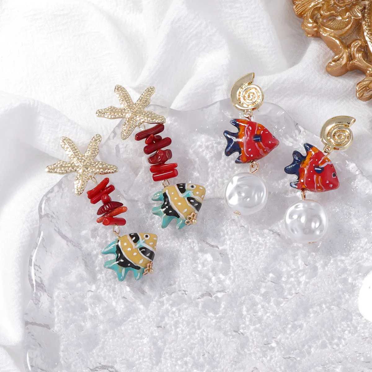 Colorful Ceramic Fish Pearl Drop Starfish Conch Earrings Ocean Style ly Earring Jewelry For Women Summer Vacation XJ250623