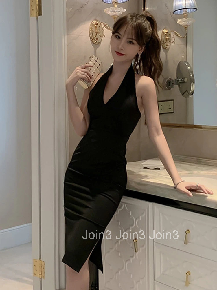 New Arrival Fashion Korean Style Bodycon Party Dress Women Elegant Summer Sexy Backless Temperament OL Black Split Pencil Dress