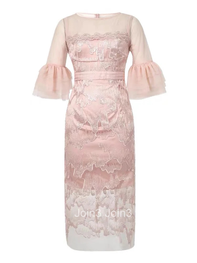 New Summer Fashion Lace Embroidery Evening Dress Women Clothes Sweet Sheer Sexy O-Neck Flare Sleeve Slim Midi Party Prom Vestido