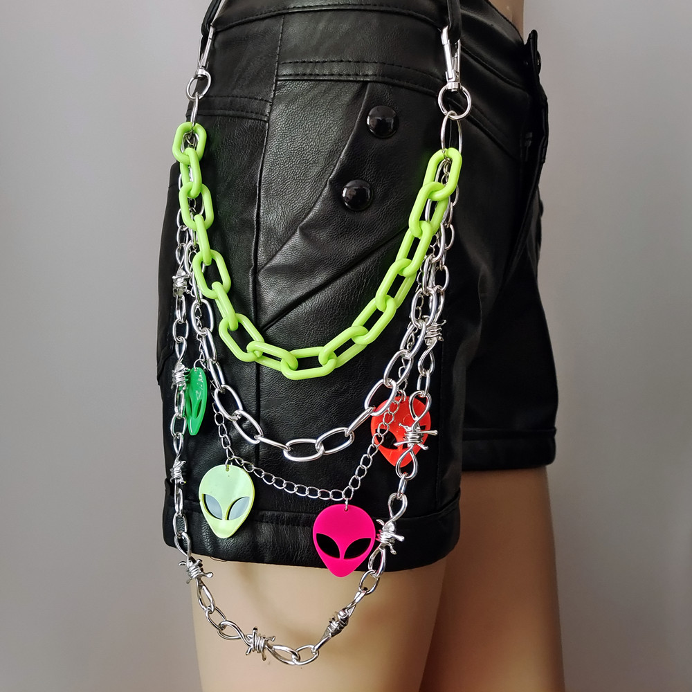 Stage Wear Dance Accessories Colorful Fluorescent Plastic Chain Alien Pendant Waist Chain Female Punk Metal Spike Pants Chain
