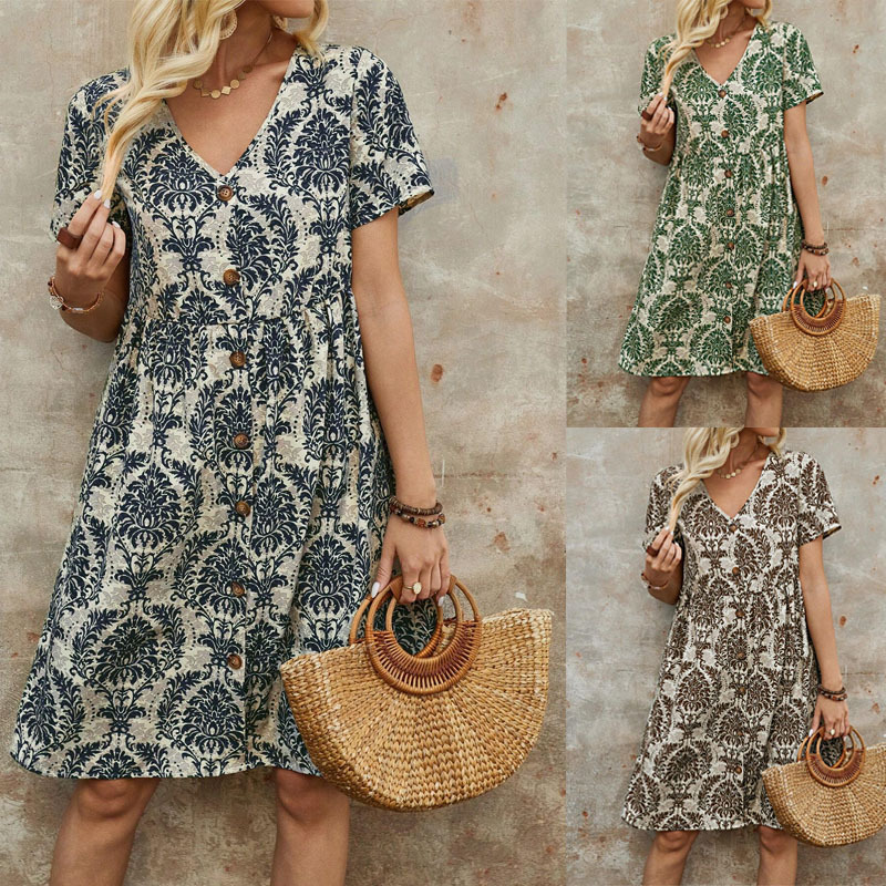 X623Ladies summer new fashion print V-neck short sleeve loose midi dress