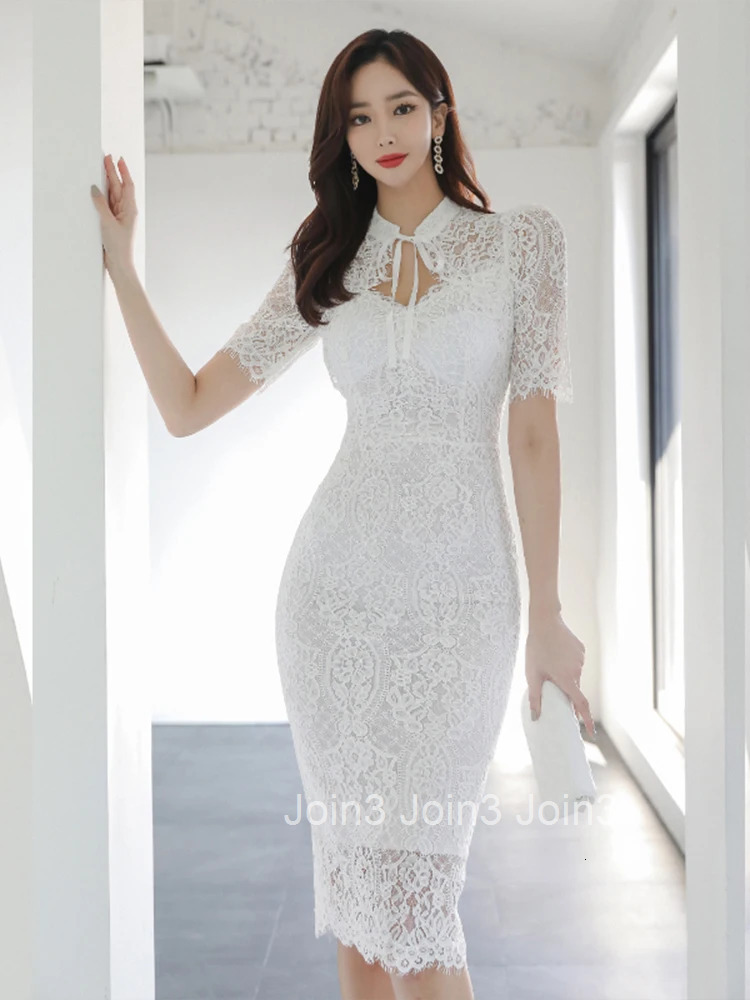 Korean Fashion Lace Pencil Dress Women Ladies Clothes Elegant Solid Hollow Sheer Sexy V-Neck Slim Midi Party Prom Mujer Vestidos