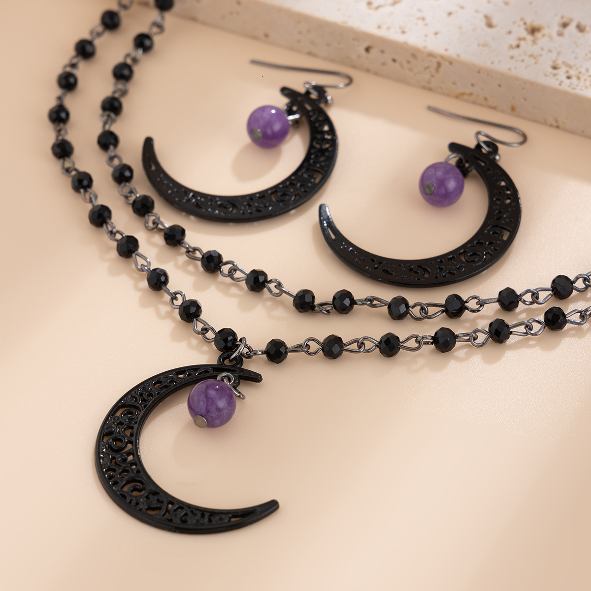 Crystal Bead Chain Sweet Cool Gothic Style Hollow Moon Pendant Necklace