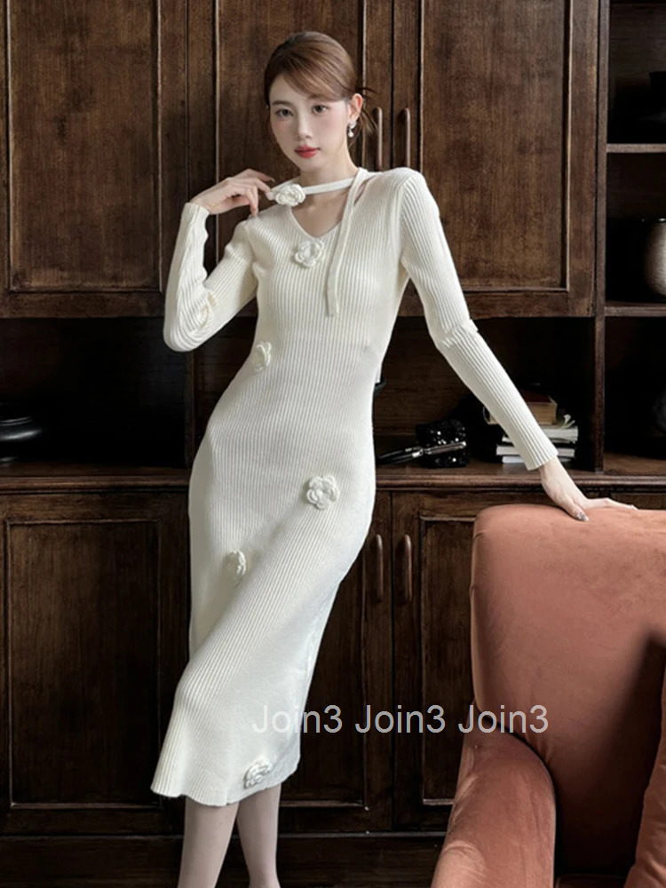 New Fashion Autumn Winter Floral Knitted Stretchy Dress Women Clothes Sweater Casual Solid V-Neck Skinny Midi Robe Mujer Vestido