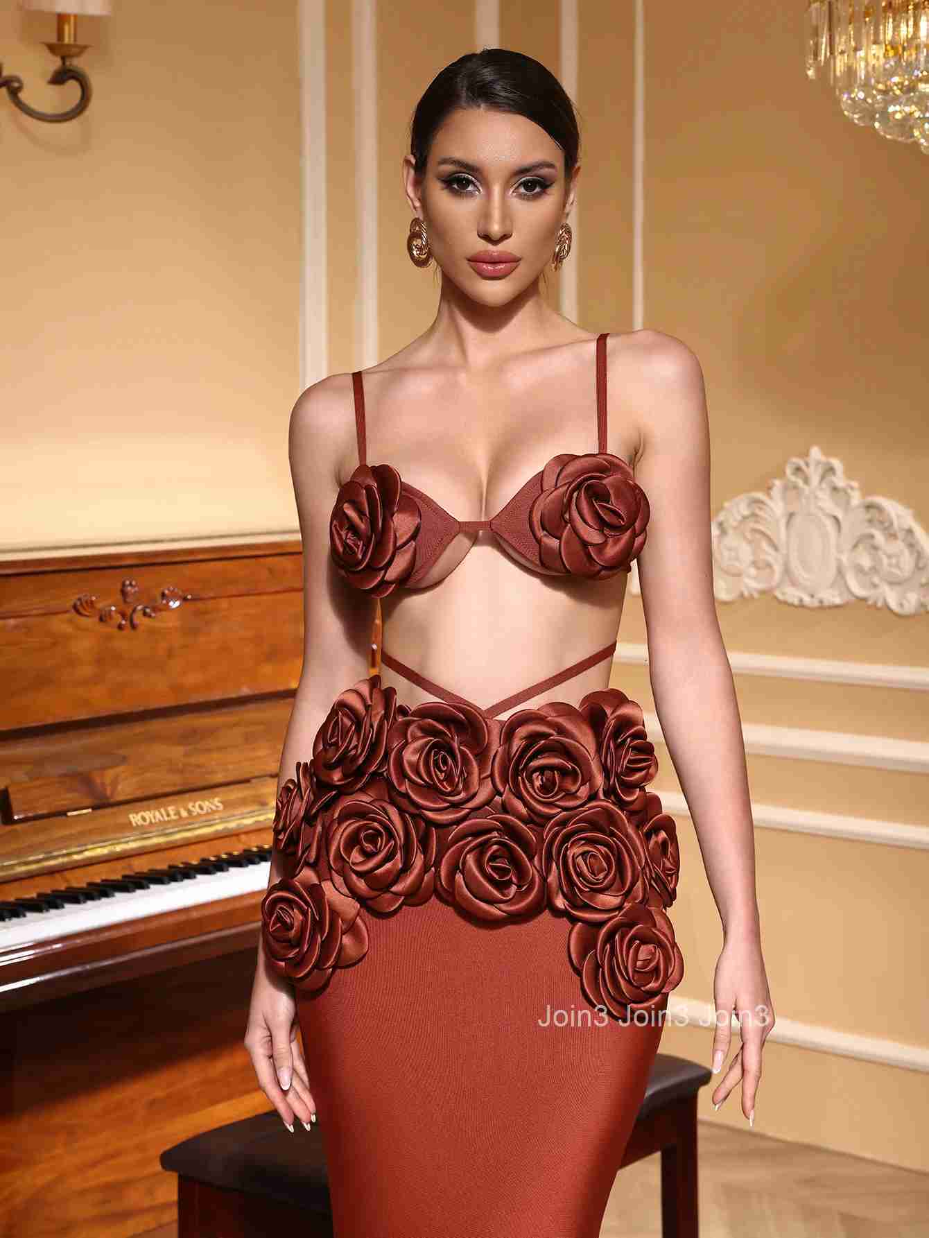 Womens Coffee Color Bandage Dress 3D Rose Crisscross Backless Mermaid Evening Gown High Slit Formal Party Dress
