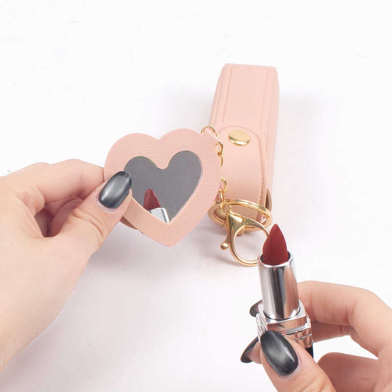 8 Colors Launched! Lipstick Storage Leather Case Keychain, Lovely Heart - Mirror Design