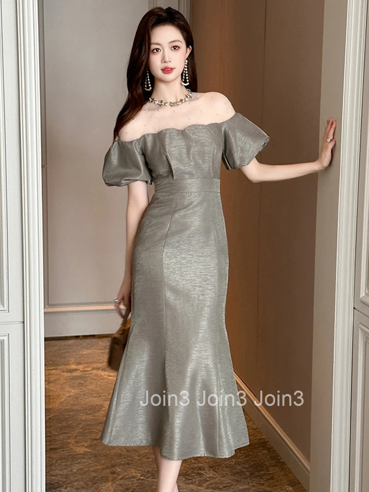 Elegant Luxury Formal Occasion Evening Dress Women Clothes Chic Mesh Sheer Sexy O-Neck Puff Sleeve Midi Robe Party Prom Vestidos