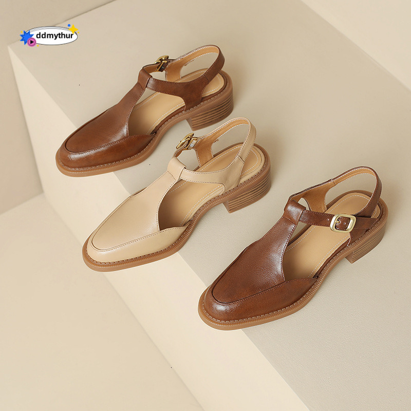 Mary Jane Cowhide Closed Toe Chunky Sandals Women Summer New Backless T-Strap Mid Heel Shoes ddmythur