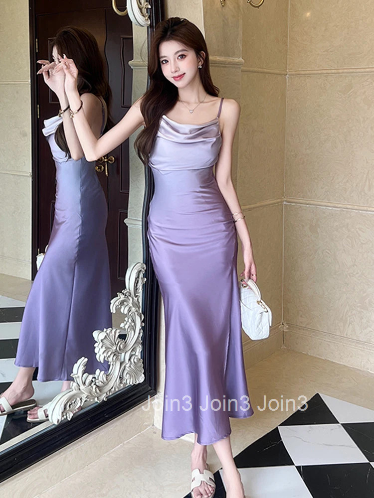 Women Vacation Clothes Purple Sexy Sling Slim Midi Fishtail Dress Elegant Fashion Party Prom Vestidos Fiesta Robe Casual Summer