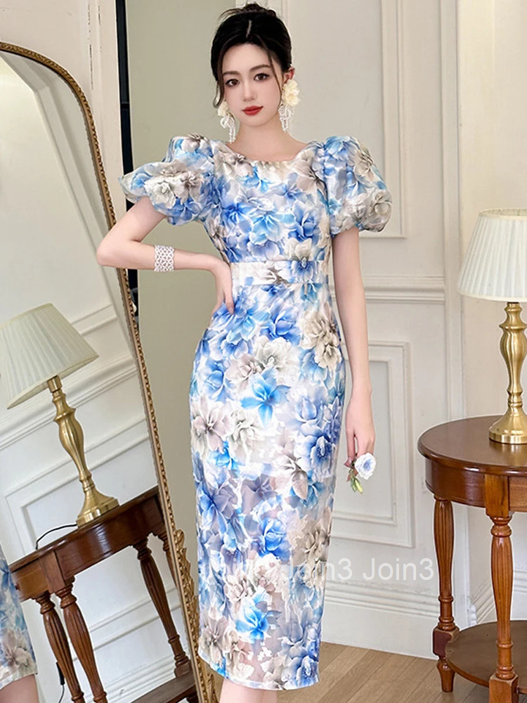 New Summer Elegant Women Evening Dress Retro Blue Floral Puff Sleeve Slim Midi Party Beach Prom Mujer Robe Femme Vestidos Fiesta