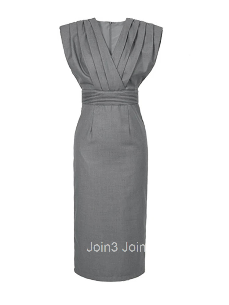 Summer Commute Formal Occasion Dress For Women Elegant Office Mujer Gray V-Neck Sleeveless Wrap Hip Midi Vestidos Street Clothes
