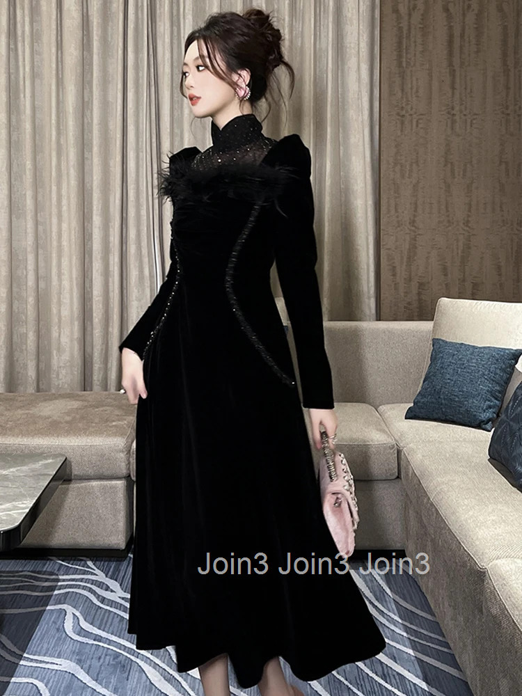 Women Clothes Retro Velvet Feather Stand Neck Slim Midi A-Line Dress Elegant Fashion Evening Party Prom Vestidos Robe Casual New
