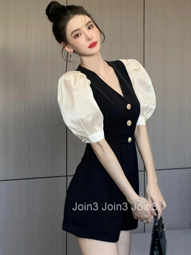 Korean Women One Piece Jumpsuit Casual Vintage V-Neck Puff Sleeve Lady Mujer High Waist Folds Slim Shorts Romper Playsuit Summer