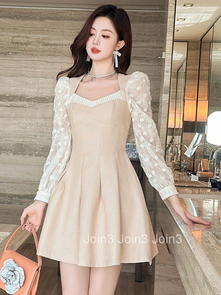 New Autumn Fashion Casual Sweet Square Collar A-Line Short Dress Women Clothing Elegant Lace Patchwork Long Sleeve Slim Vestidos