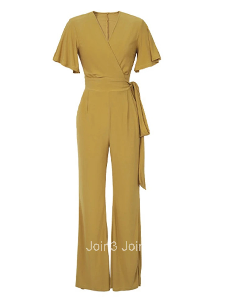 Fashion Summer One Piece Jumpsuits Women Elegant Yellow Casual Short Sleeve V-Neck Female Mujer Stretchy Wide Leg Long Rompers