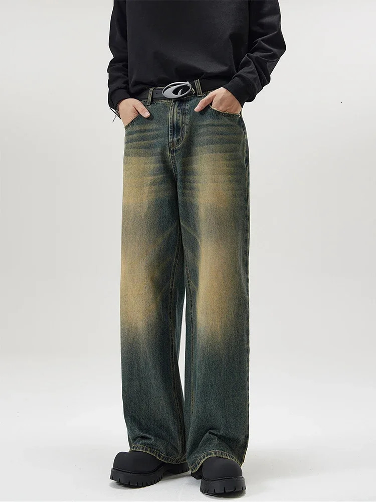 4 Colors Autumn Vintage Distressed Mens Baggy Straight Jeans Fashion Korean High Street Denim Pants Streetwear Male Trousers 250618