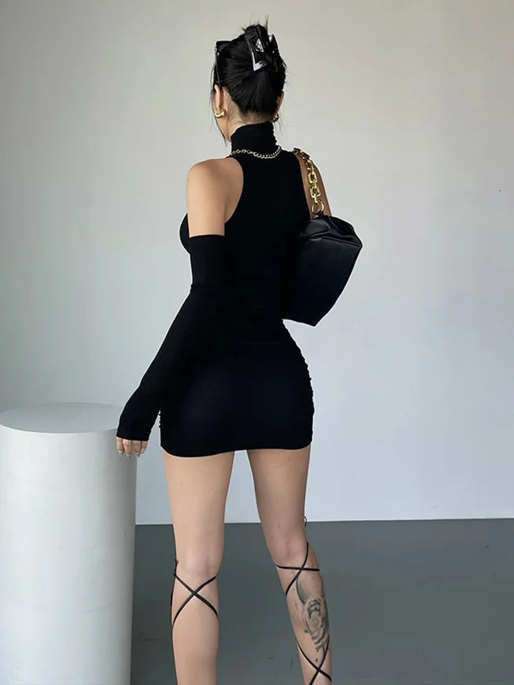 Sexy Mini Dress Oversleeve Pleated Bodycon High Neck Autumn Black Shinny Elastic Party Tank Hip Wrap Dresses Club 250614