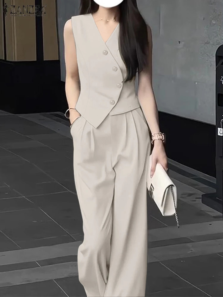 ZANZEA Elegant Summer Sleeveless Tops Wide Leg Trousers 2 Piece Sets Solid Office Lady Outfit OL Work Pants 2PCS 250616