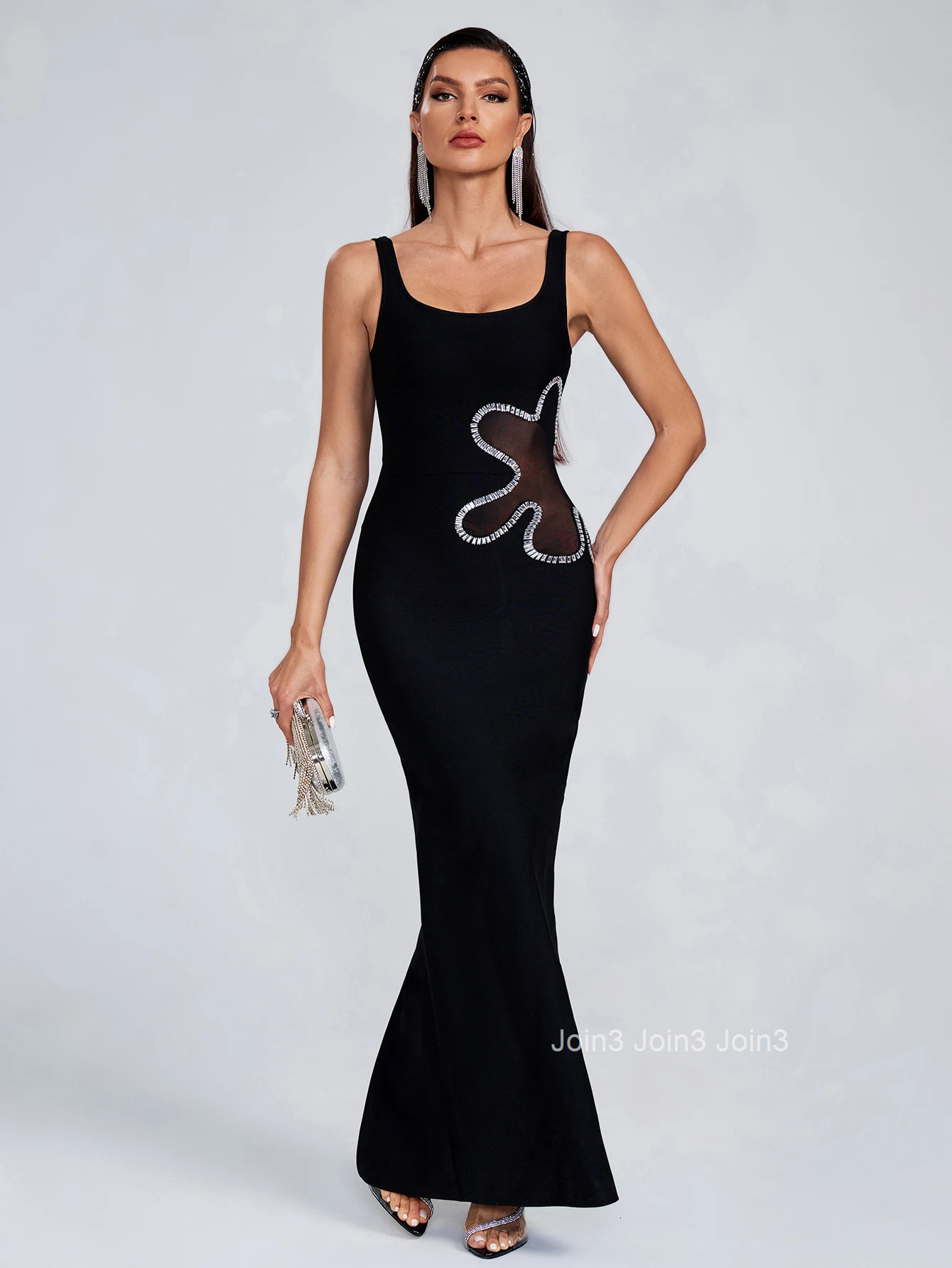 Black Bandage Dress For Women Fashion Waist Side Gauze Splicing Diamonds Decoration Design Long Skirt Evening Party Vestidos