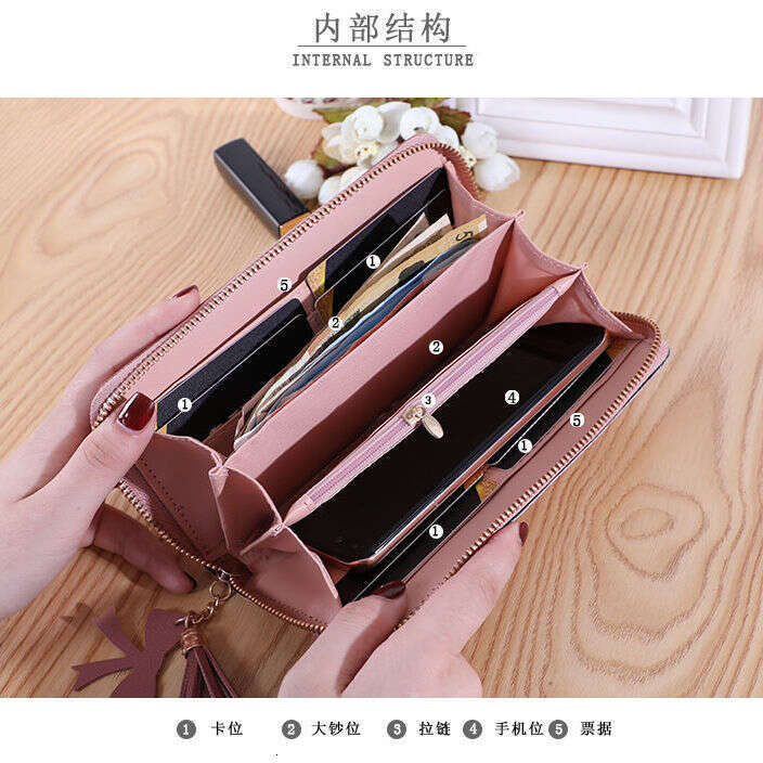 2022 New Long Wallet for Women Zipper Purse Korean Style Patchwork Color Block Tassel Versatile Card Holder Phone Bag