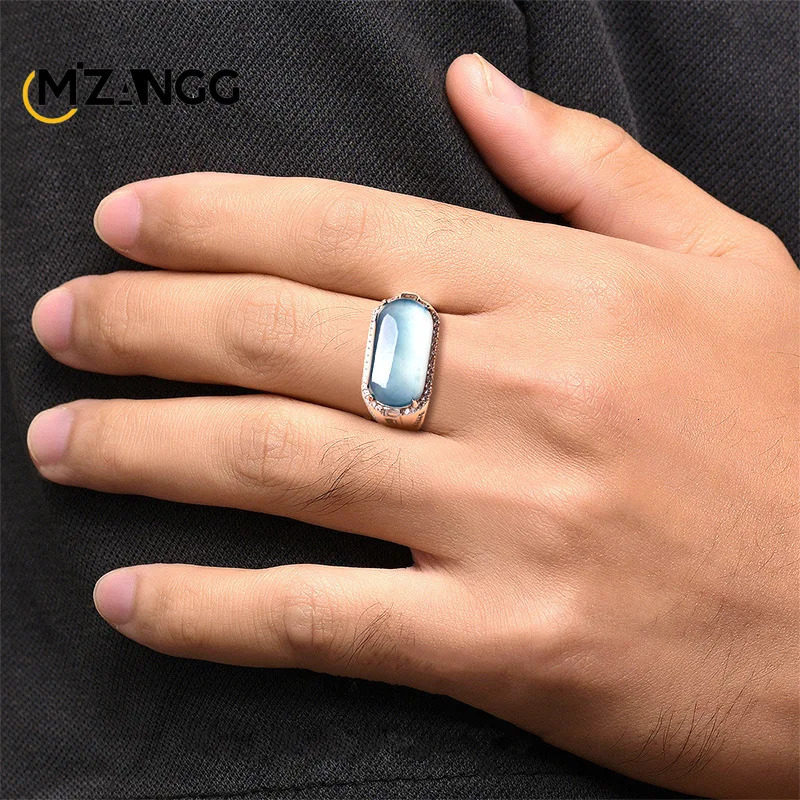 Natural A Goods Jadeite Blue Water Saddle Ring S925 Silver Inlaid Ice Kind of High-grade Fashion Mens Adjustable Jade Ring Gift 250617