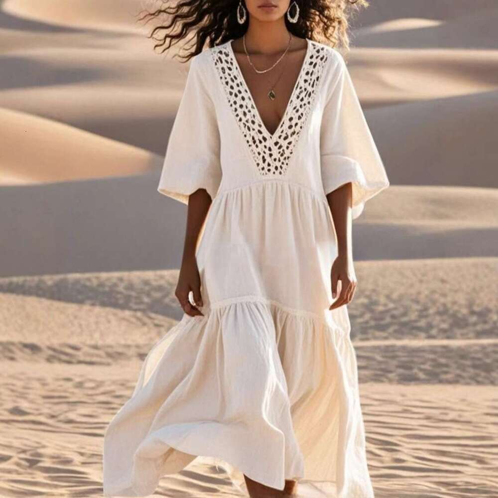 V-Neck Hollow Lace Beach Vacation Loose Swing Dress B5