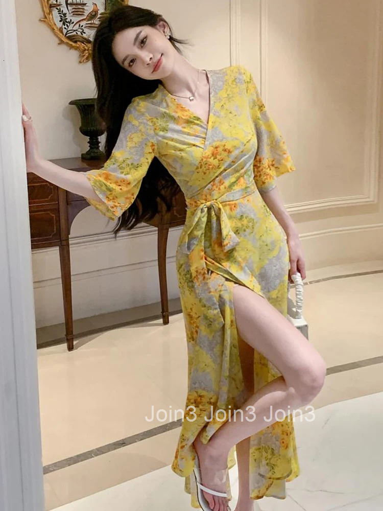 Summer Vacation Long One Piece Dress Women Clothes Elegant Pretty Print Casual V-Neck Lace-up Slim Maxi Beach Robe Mujer Vestido