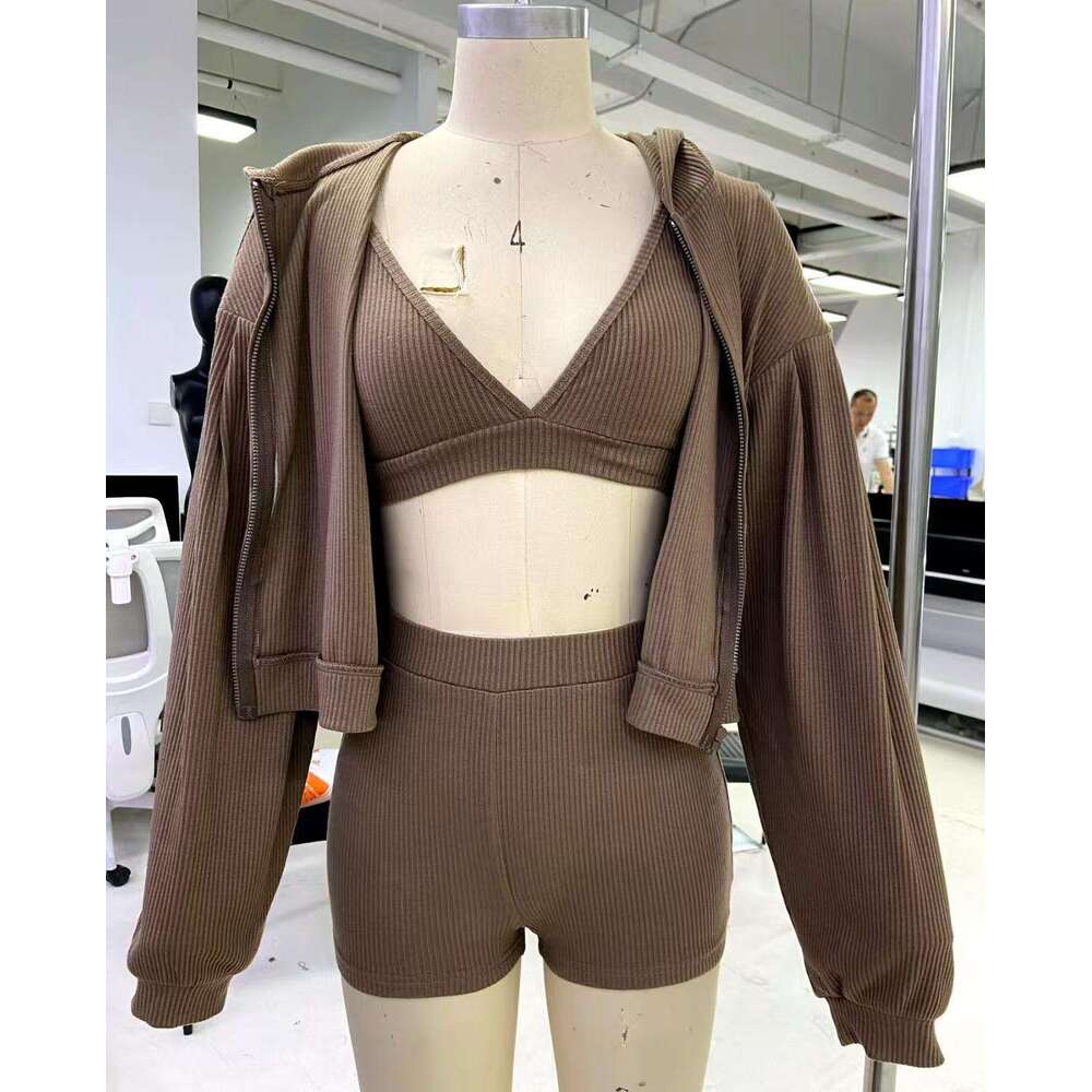 Solid Color Sports Slim Fit Underwear Shorts Loose Hooded Long Sleeve Sweatshirt Jacket Casual Three-Piece Set B5