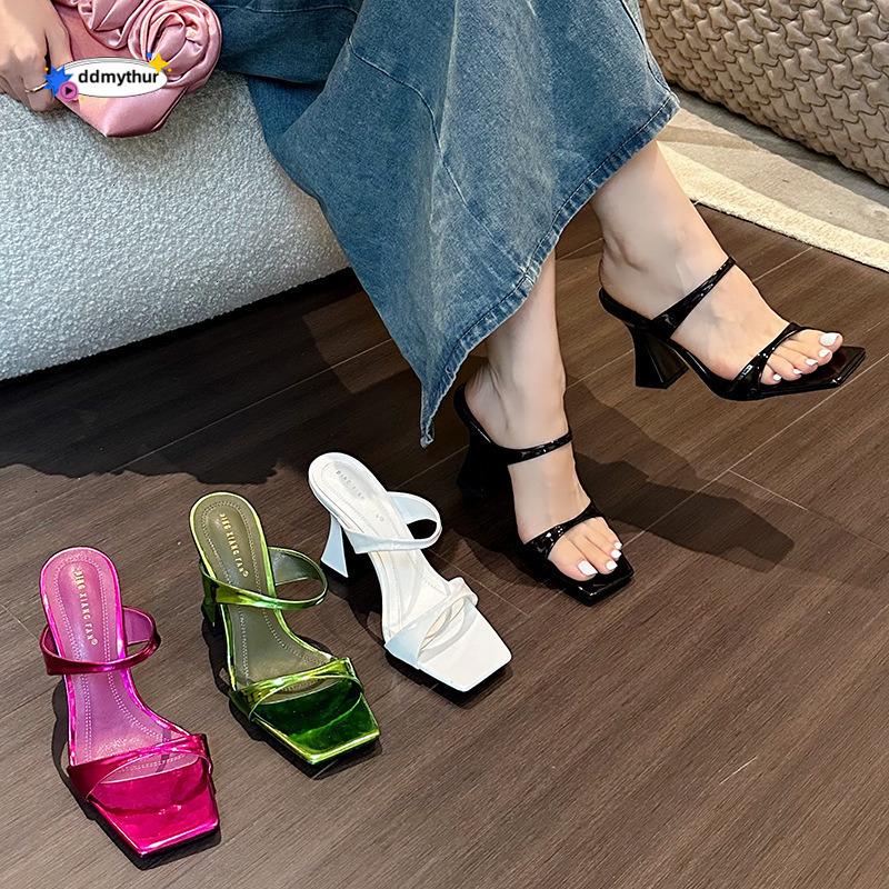 2023 Summer New Women's Shoes Rose Red Metal High Slippers Square Open Toe Versatile One Strap Thin Heel Sandals ddmythur