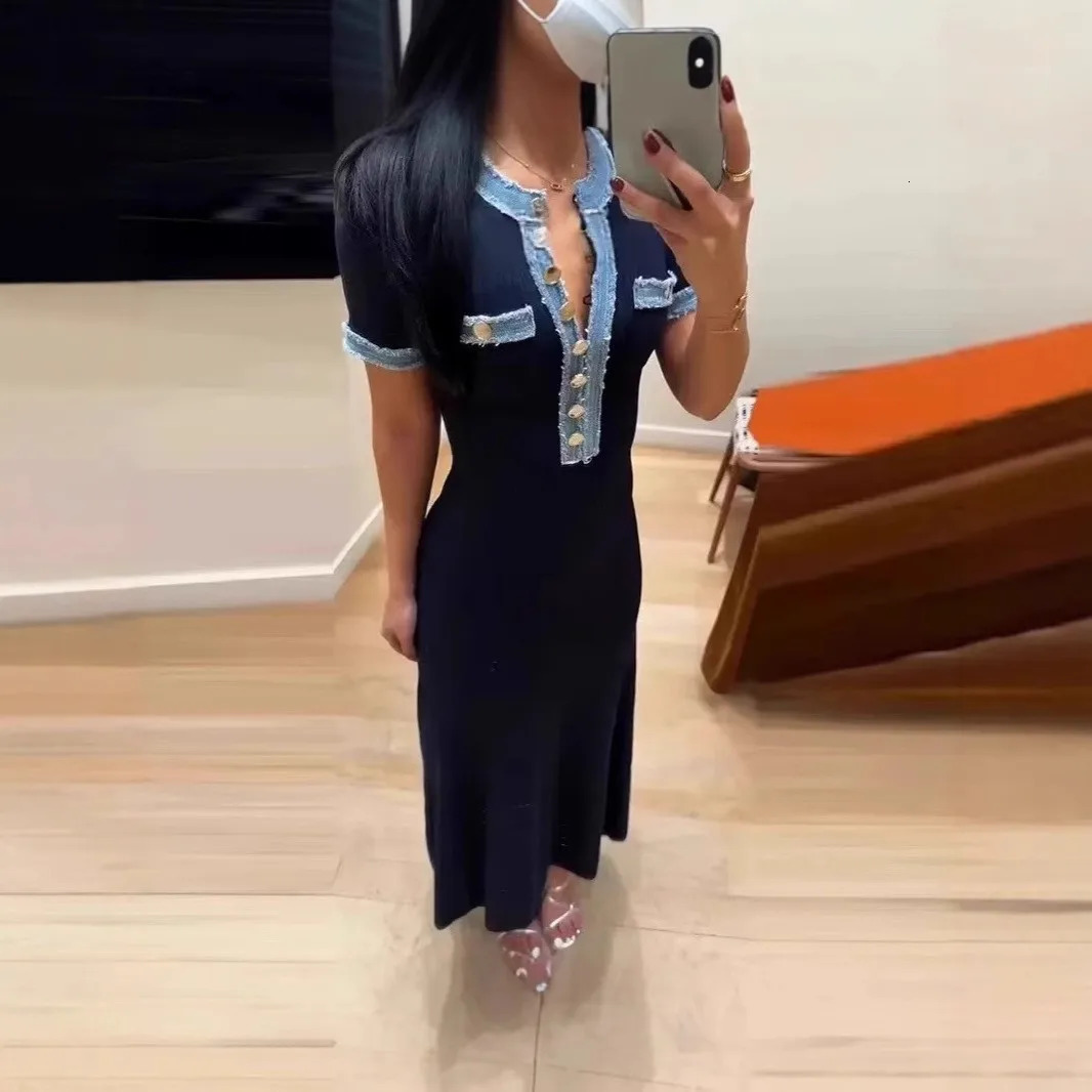 Elegant Knit Maxi Dresses Fashion Women Contrasting ONeck Short Sleeve Metal Tassel Bodycon Casual Office Lady Commute Vestidos 250616