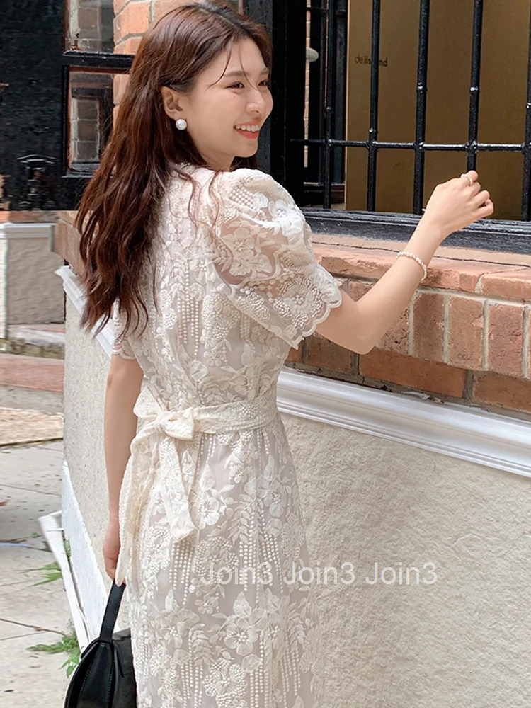 Summer Long Dress For Women Elegant Preppy Lace Embroidery O-Neck Puff Sleeve Slim Midi Robe Femme Mujer Vestidos Street Clothes