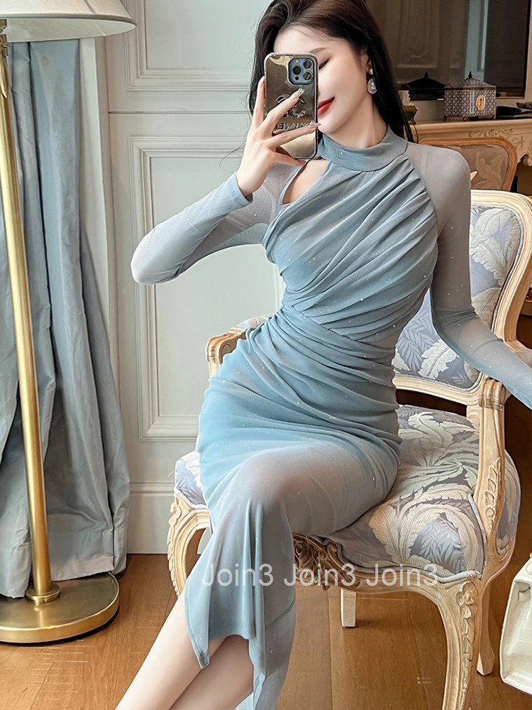 New Sparkly Evening Long Dresses Elegant Women Clothing Ladies Mujer Chic Hollow Skinny Elastic Long Party Prom Dress Robe Femme