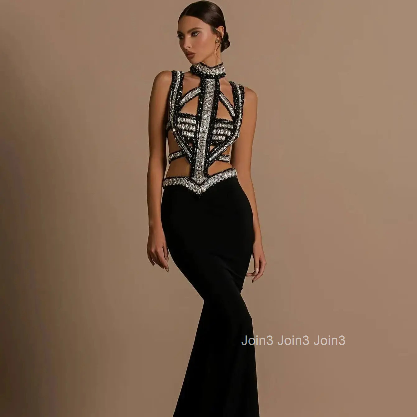 New Style Autumn Diamonds Decoration Long Skirt Sexy Hollow Out Slim Fit Black Bandage Dress For Women Chic Cocktail Party Gown