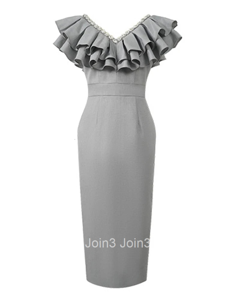 Women Clothes Gray Ruffle V-Neck Slim Midi Pencil Dress Elegant Luxury Fashion Evening Party Vestidos Casual Formal Occasion New