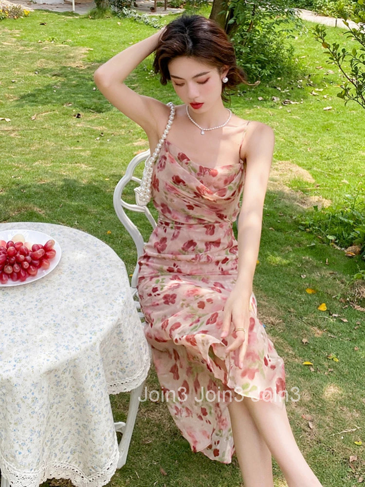 Fashion Summer Long Evening Dress For Women Elegant Sweet Print Sexy Strap Slim Slit Midi Party Prom Beach Mujer Vestidos Robe