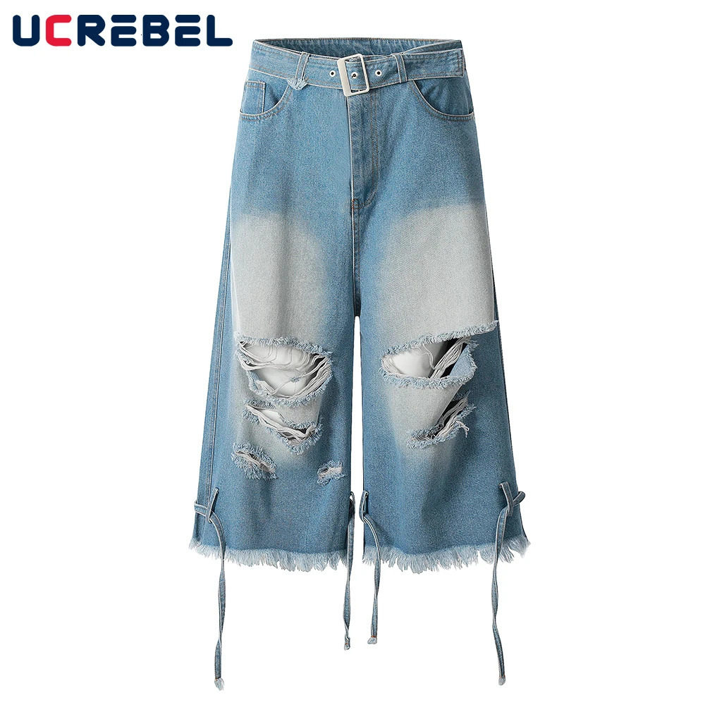 Ripped Raw Edge Denim Shorts Mens with Belt Summer High Street Loose Wide leg Jeans Cropped Trousers Men 250616