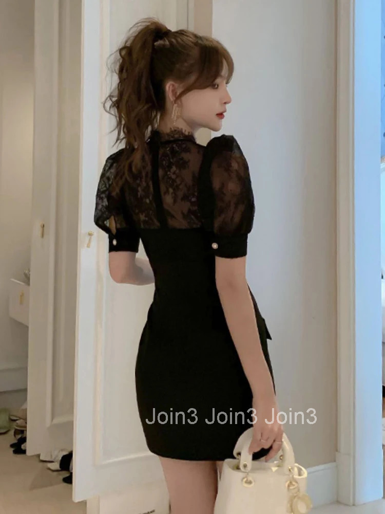 New Arrival Fashion Korean Bodycon Party Dress Women Elegant Summer Sexy Perspective Lace Temperament OL Black Pencil Dress
