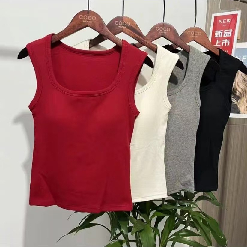 Square Neck Wide Shoulder Back Vest with Chest Pad - Pure Cotton Outerwear Strapless top casual top