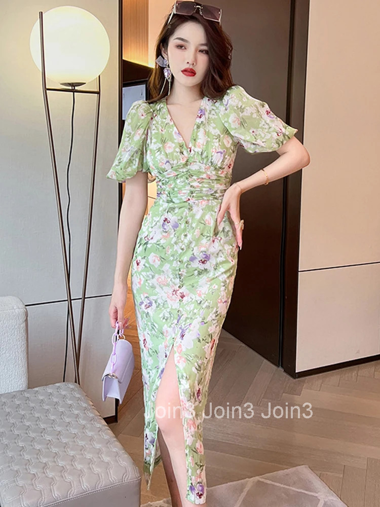 French Elegant Women Dress Floral Vintage Sweet Puff Sleeve Corset Slim Slit Midi Party Club Beach Lady Robe Femme Mujer Vestido