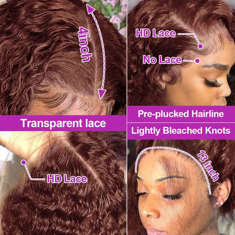 Chocolate Brown Water Curly Wigs 13x4 13x6 HD Lace Frontal Wig 30 34 Inch Deep Wave Colored Human Hair Wigs For Women 250 Density Synthetic